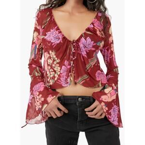 NWT Free People Of Paradise Floral Bell Sleeve Blouse Boho Top Size XS